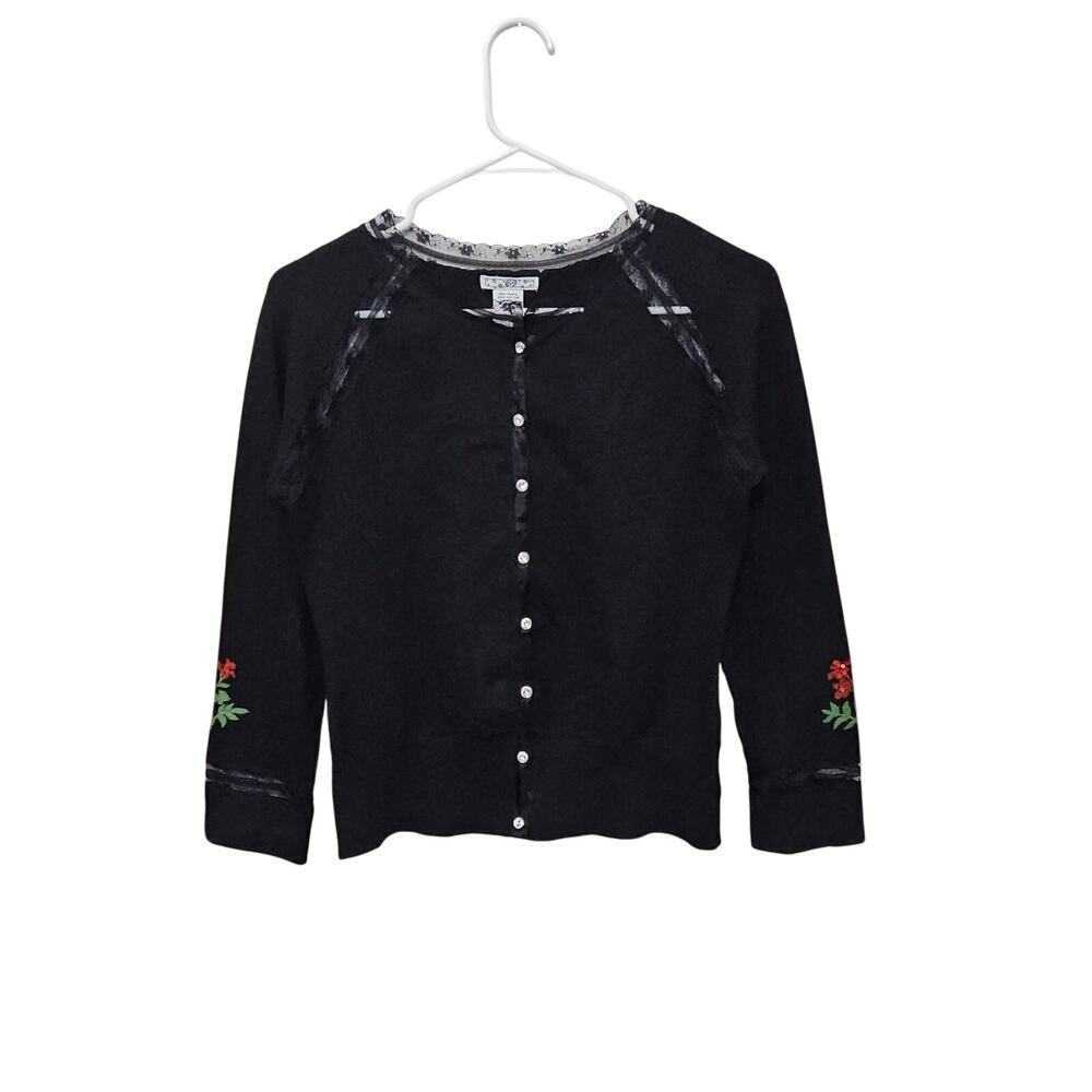 Black Floral Cardigan Sweater Lace Trim Beaded Diamond Buttons 3/4 Sleeves Sz M - Picture 2 of 6